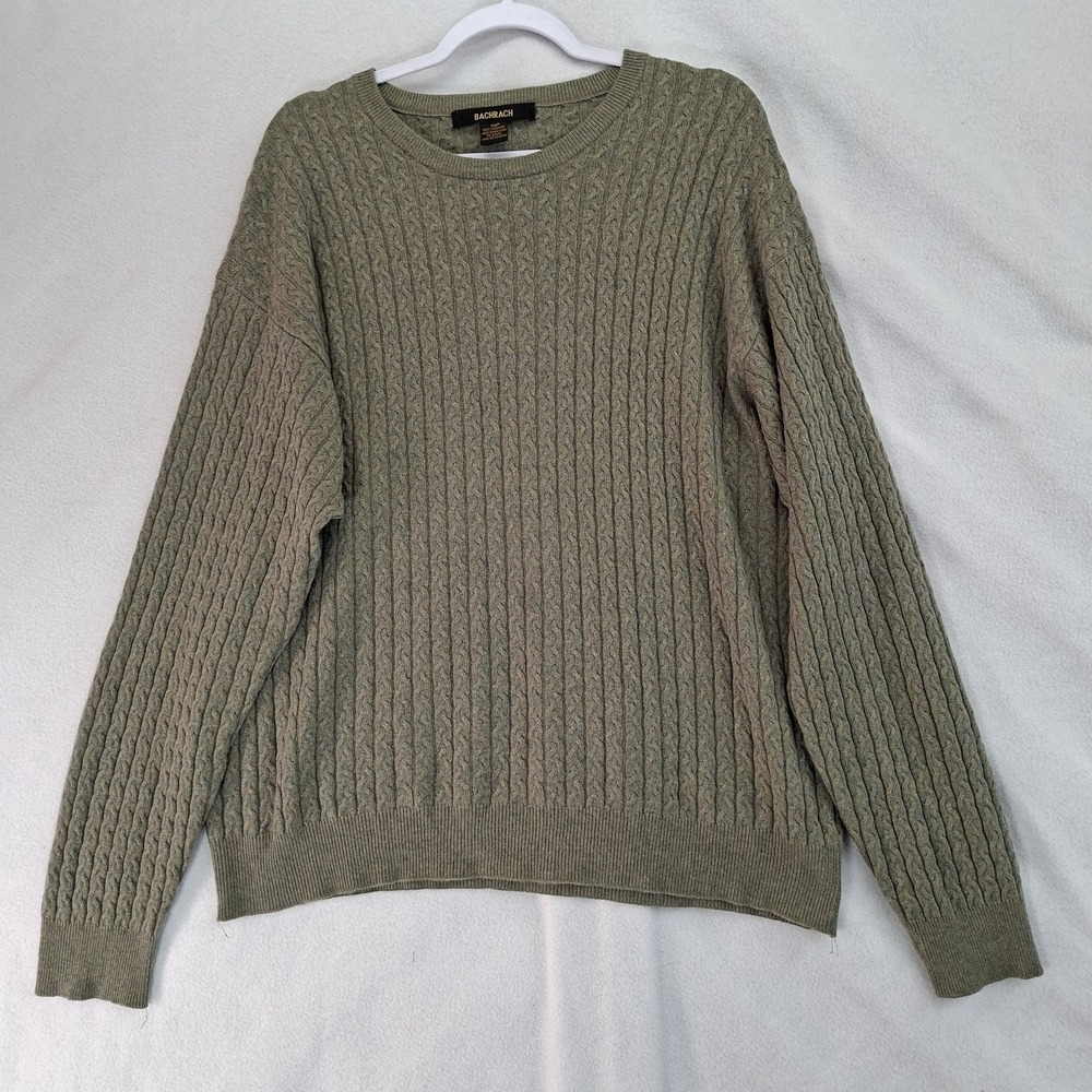 Vintage Bachrach Cashmere Sweater Mens XL Crew Neck Cable Knit Pullover Greenish